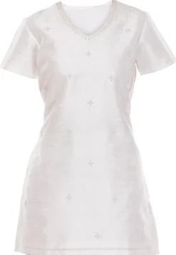 Embroidered Dupion Silk Kurti in Off White