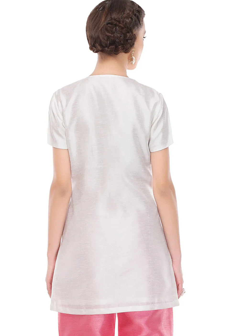 Embroidered Dupion Silk Kurti in Off White