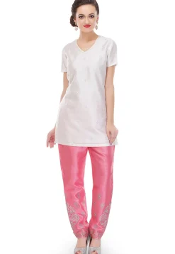 Embroidered Dupion Silk Kurti in Off White