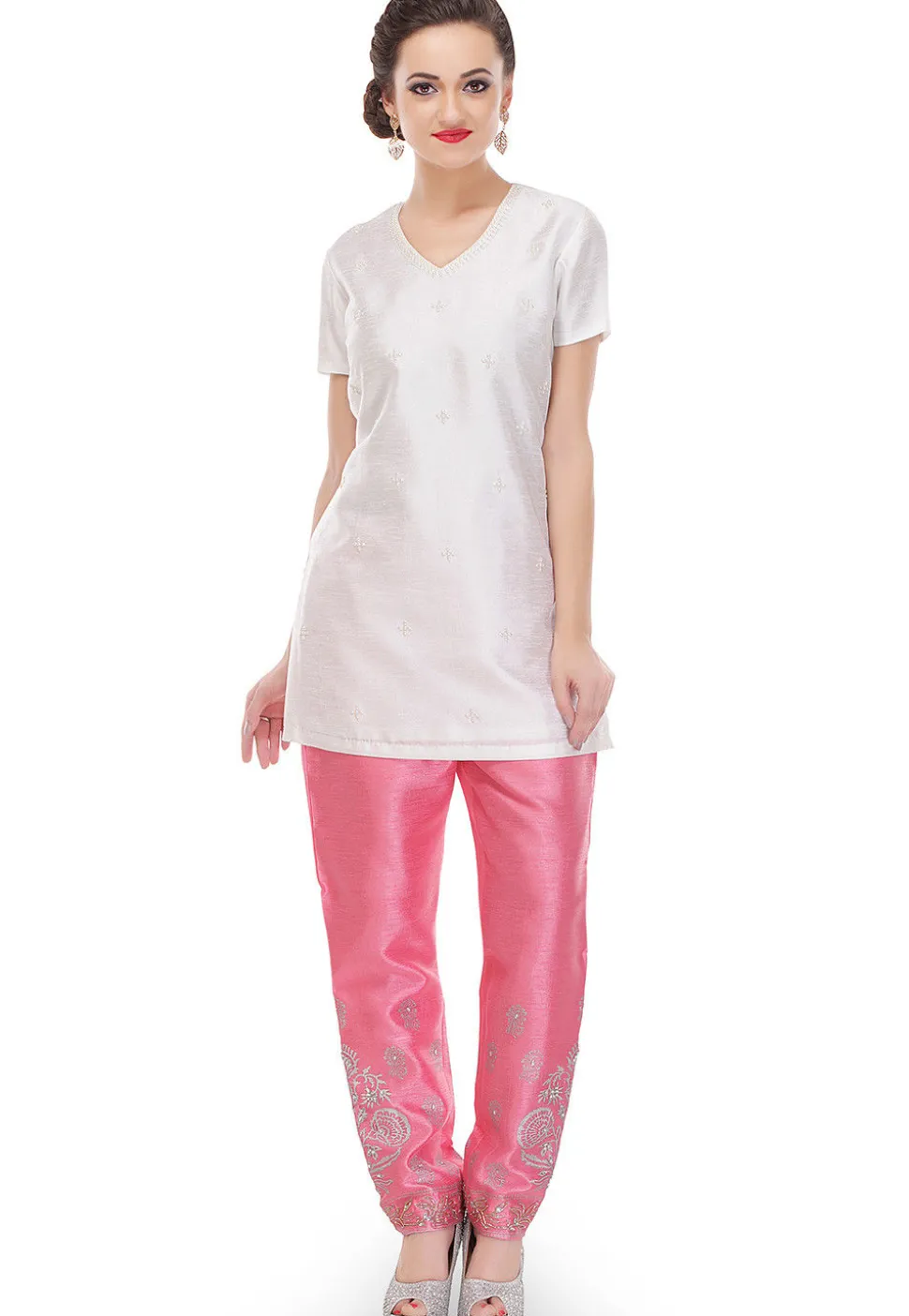 Embroidered Dupion Silk Kurti in Off White