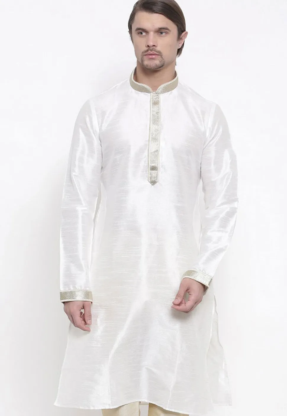 Embroidered Dupion Silk Kurta in White