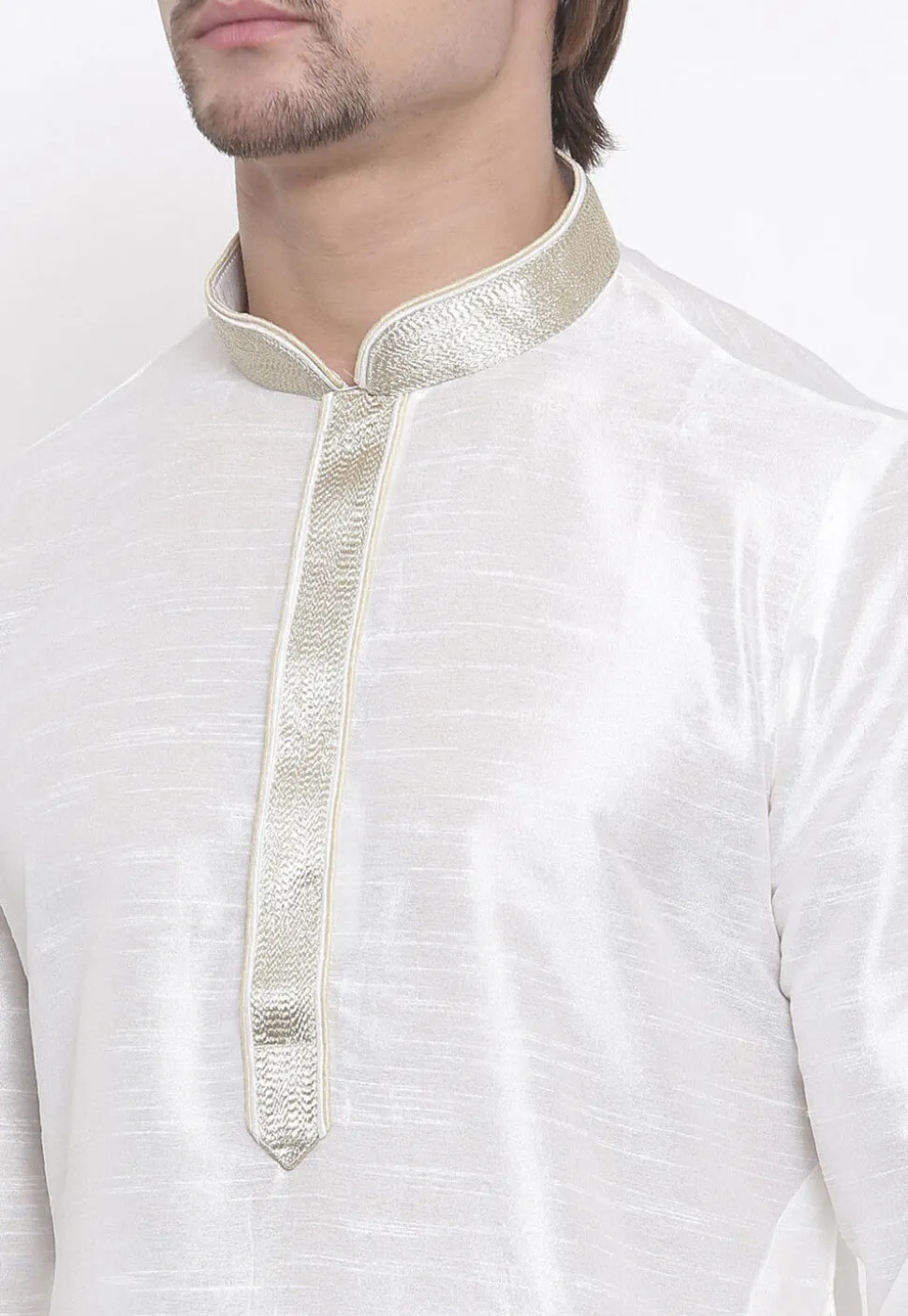 Embroidered Dupion Silk Kurta in White