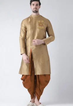 Embroidered Dupion Silk Kurta Set in Beige