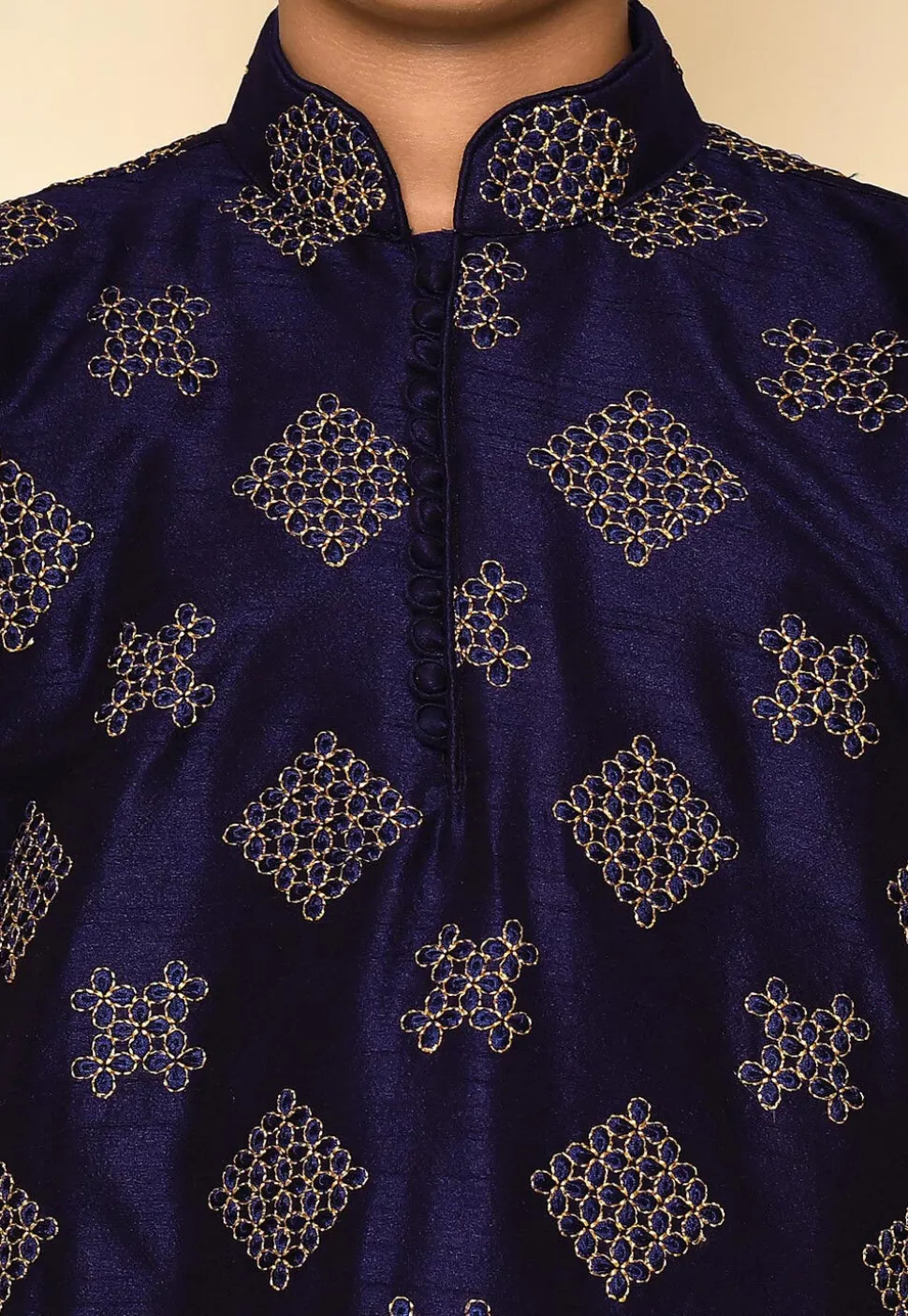 Embroidered Dupion Silk Kurta Set in Navy Blue