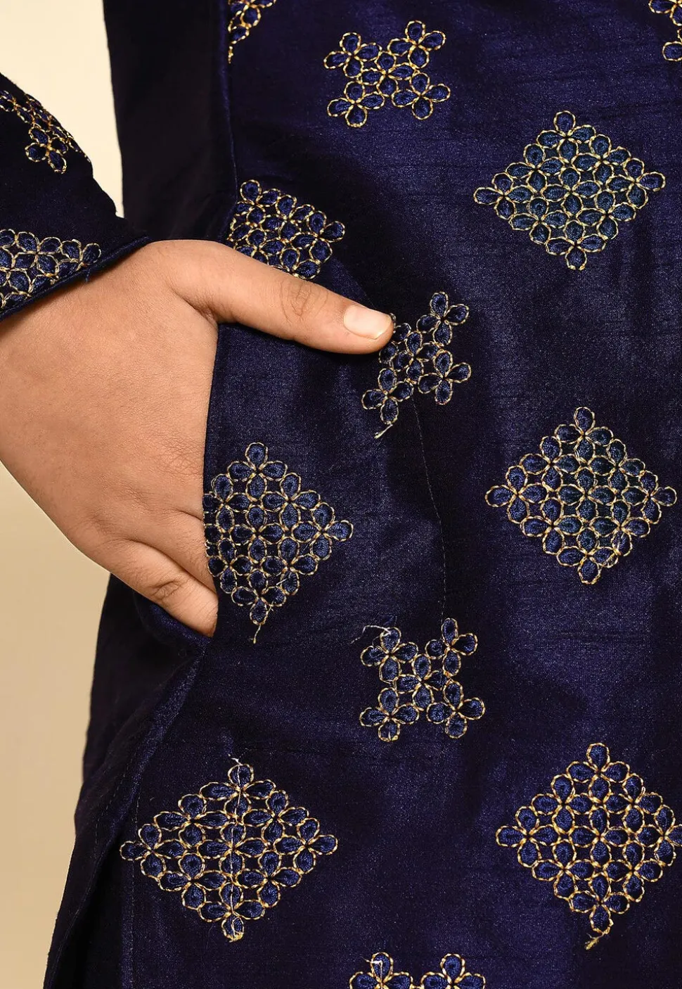 Embroidered Dupion Silk Kurta Set in Navy Blue