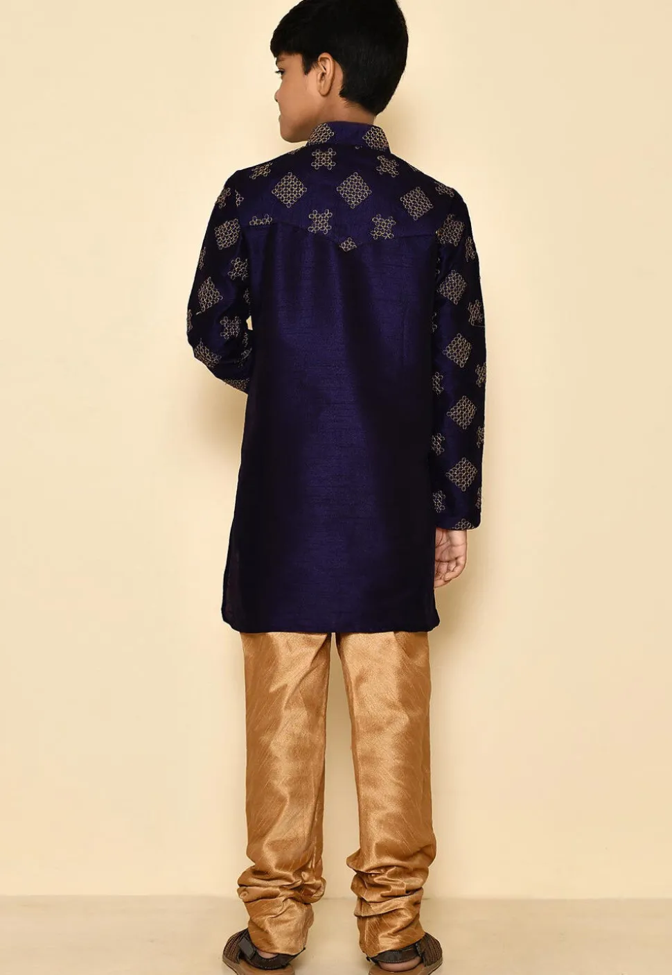Embroidered Dupion Silk Kurta Set in Navy Blue