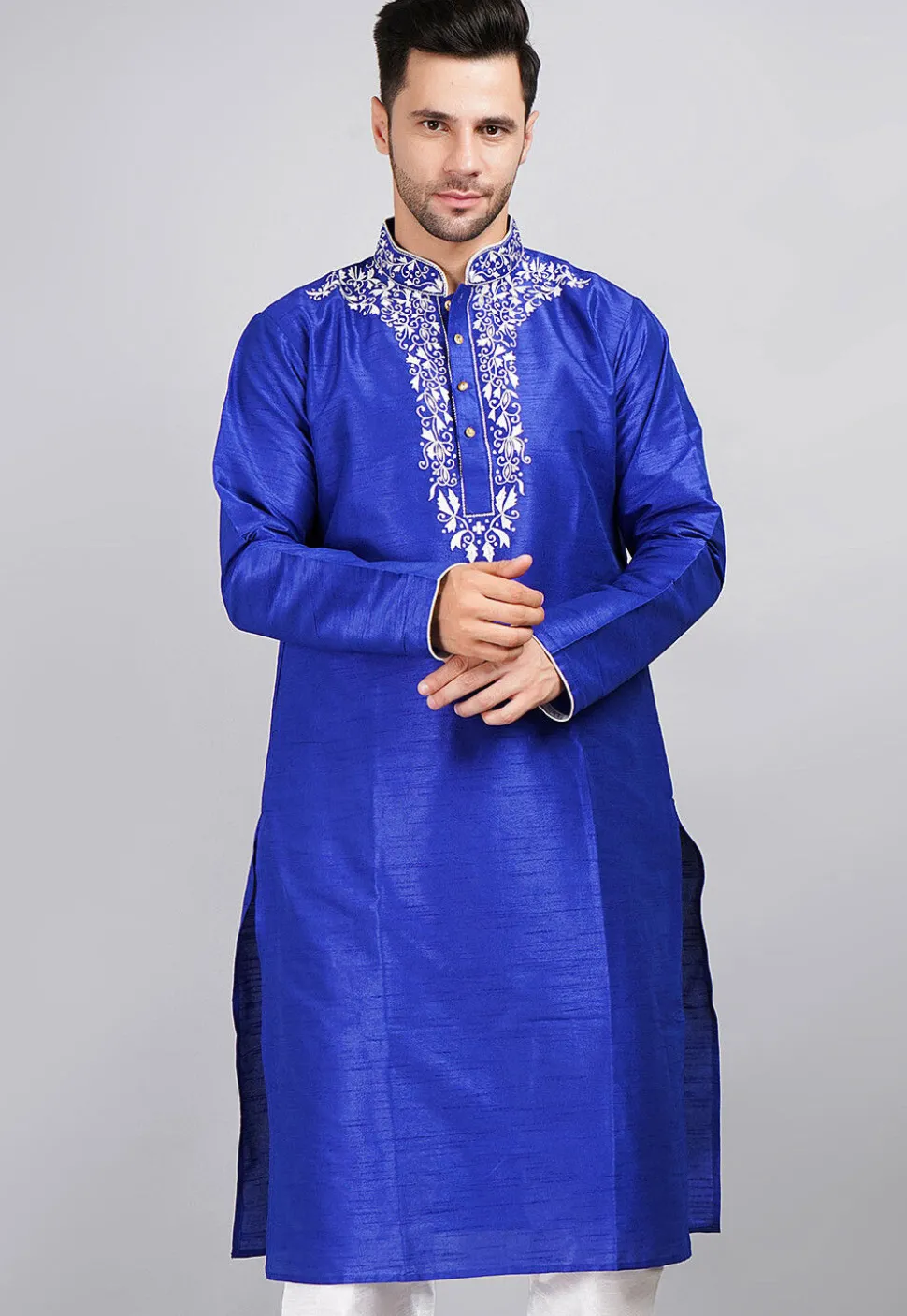 Embroidered Dupion Silk Kurta in Royal Blue