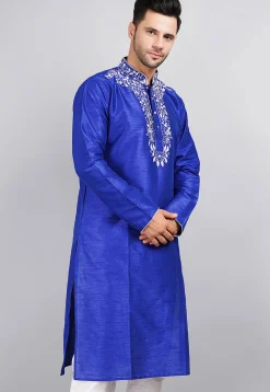Embroidered Dupion Silk Kurta in Royal Blue
