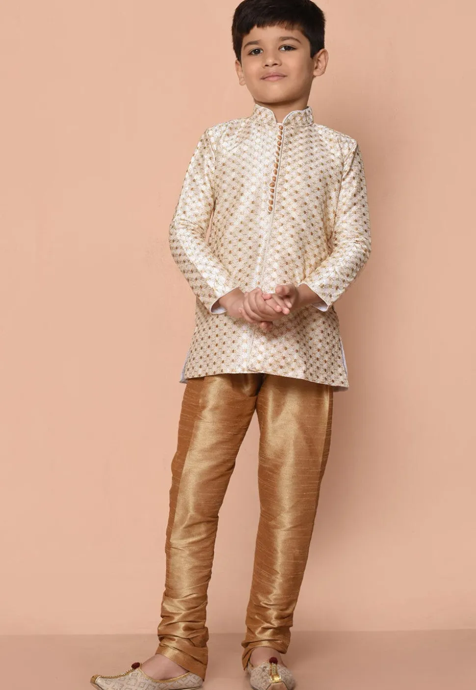 Embroidered Dupion Silk Kurta Set in Cream