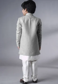 Embroidered Dupion Silk Kurta Set in Off White and Grey
