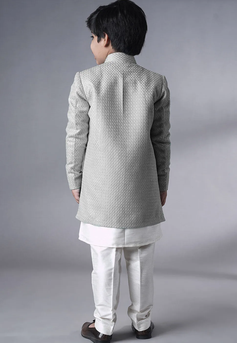 Embroidered Dupion Silk Kurta Set in Off White and Grey