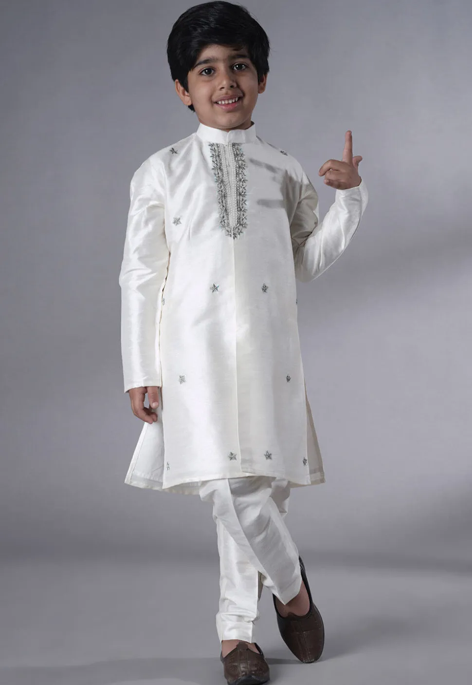 Embroidered Dupion Silk Kurta Set in Off White and Grey