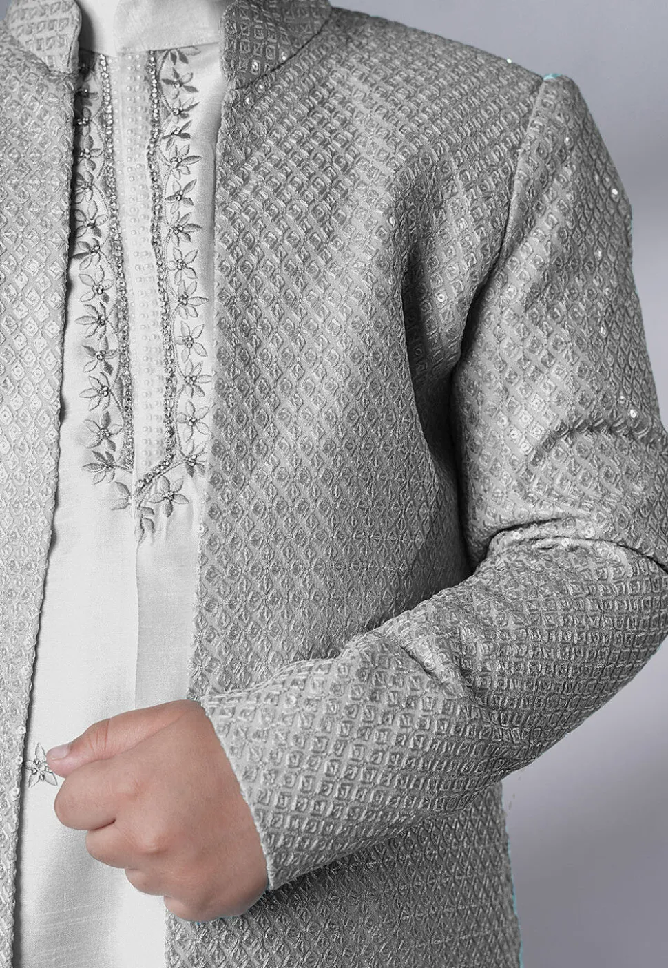 Embroidered Dupion Silk Kurta Set in Off White and Grey