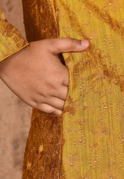 Embroidered Dupion Silk Kurta Set in Mustard