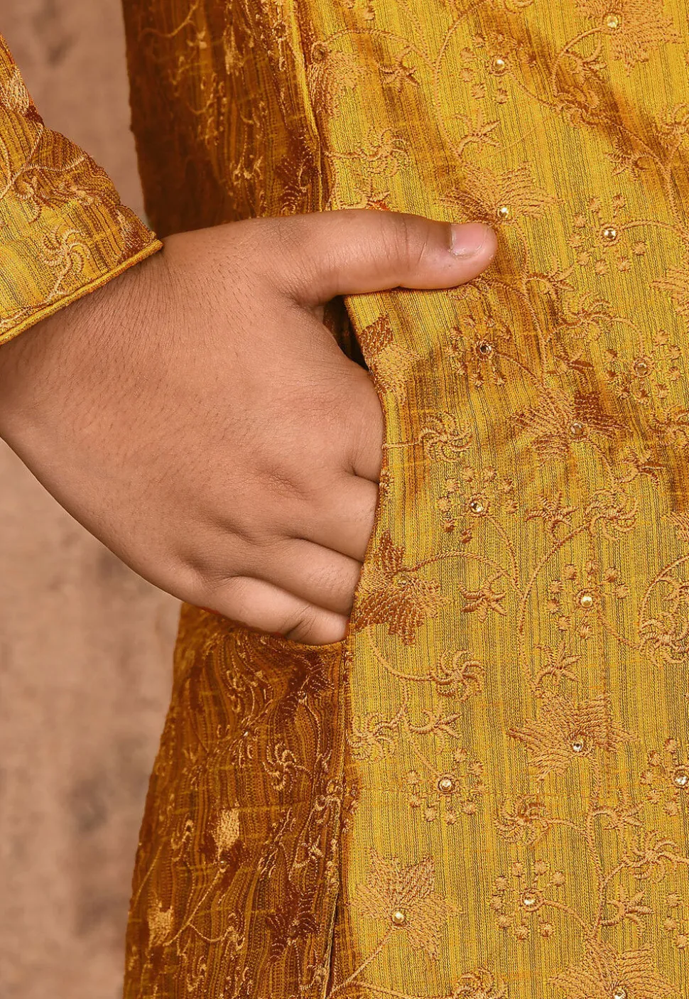 Embroidered Dupion Silk Kurta Set in Mustard