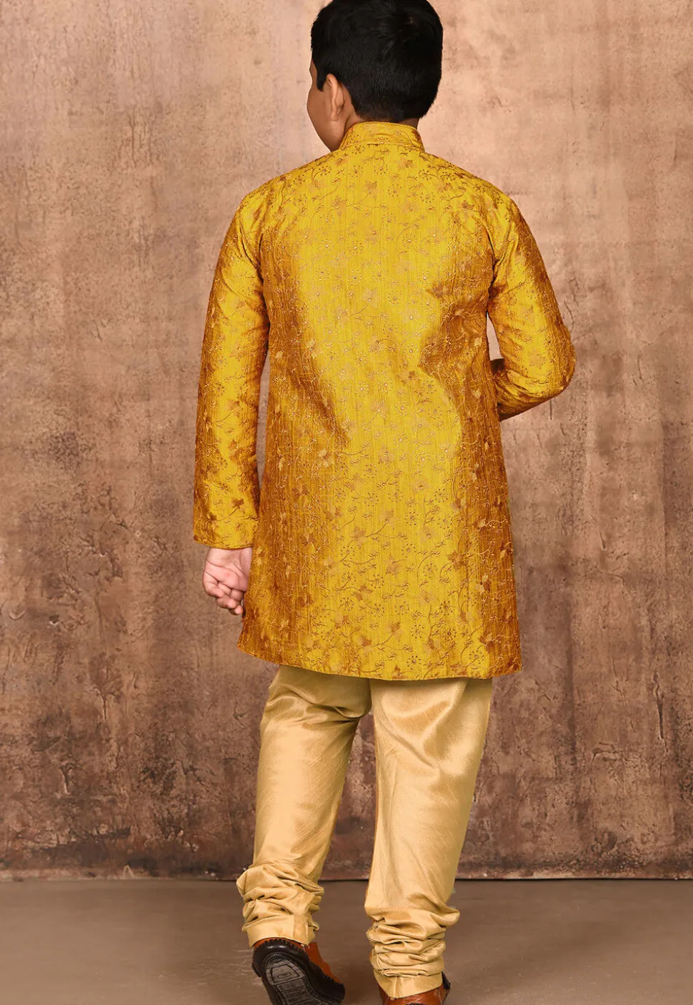 Embroidered Dupion Silk Kurta Set in Mustard