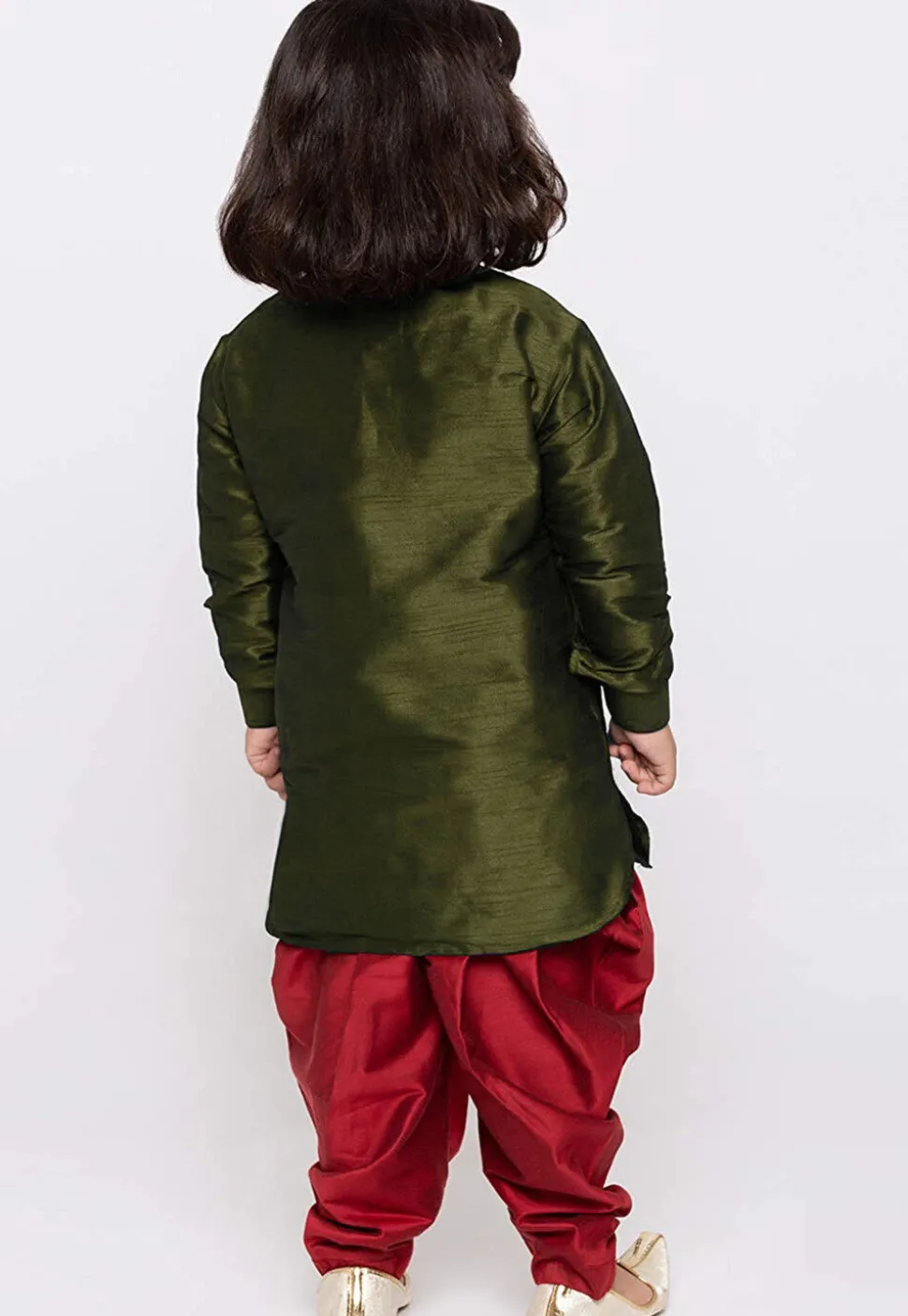 Embroidered Dupion Silk Kurta Set in Olive Green