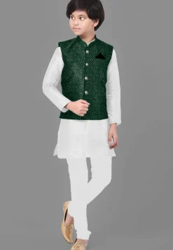 Embroidered Dupion Silk Kurta Set in Off White and Dark Green
