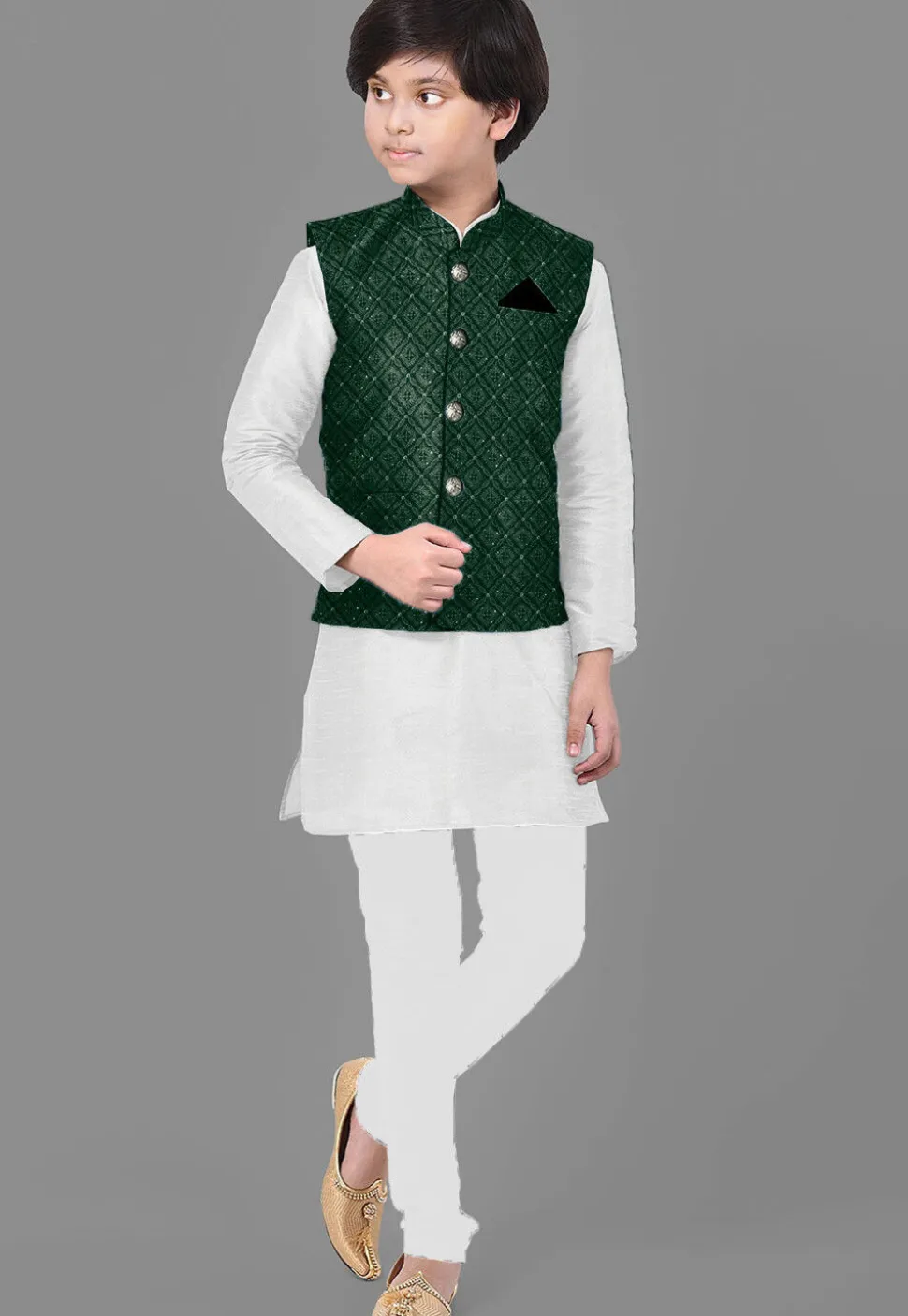 Embroidered Dupion Silk Kurta Set in Off White and Dark Green