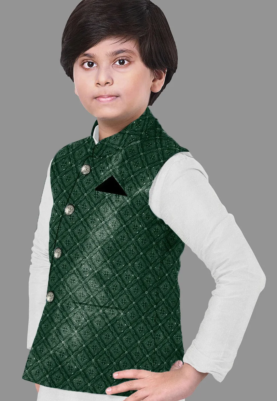 Embroidered Dupion Silk Kurta Set in Off White and Dark Green