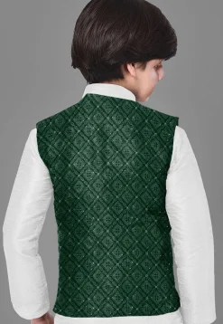 Embroidered Dupion Silk Kurta Set in Off White and Dark Green