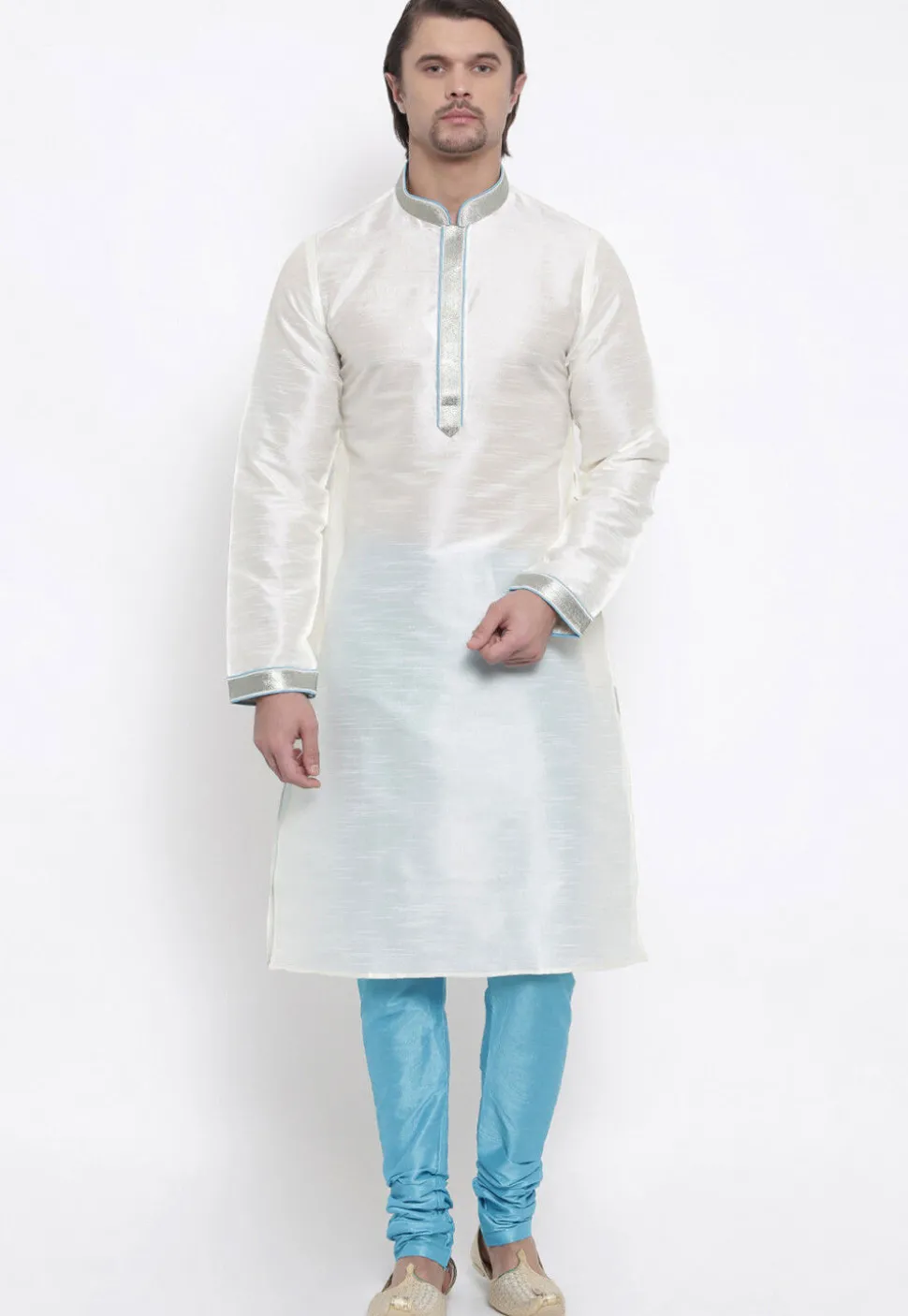 Embroidered Dupion Silk Kurta Set in White