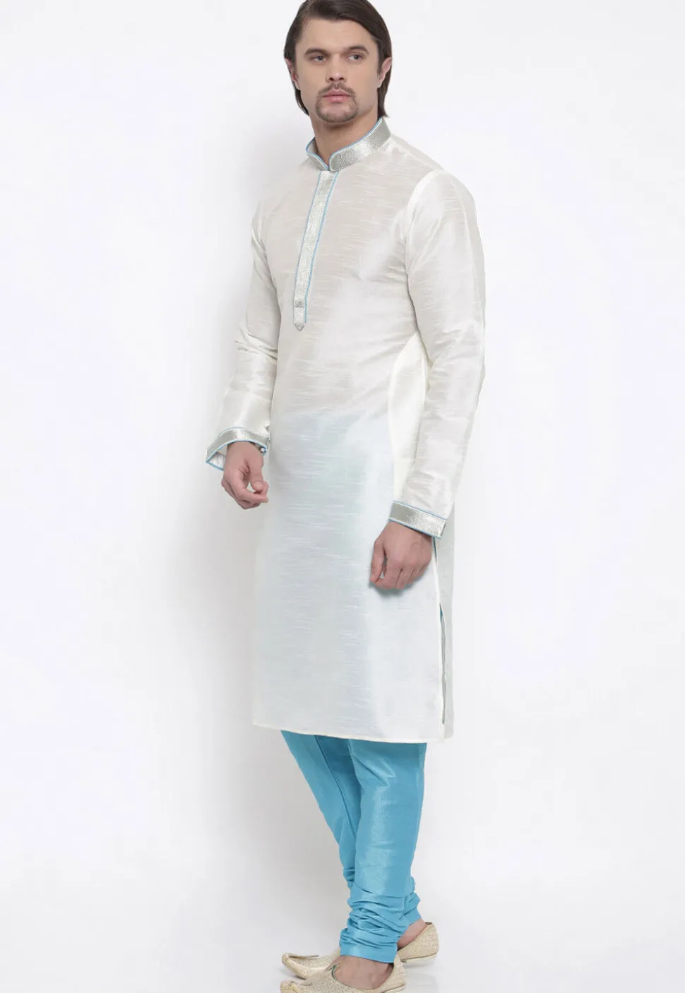 Embroidered Dupion Silk Kurta Set in White