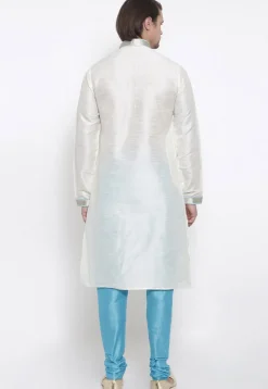 Embroidered Dupion Silk Kurta Set in White