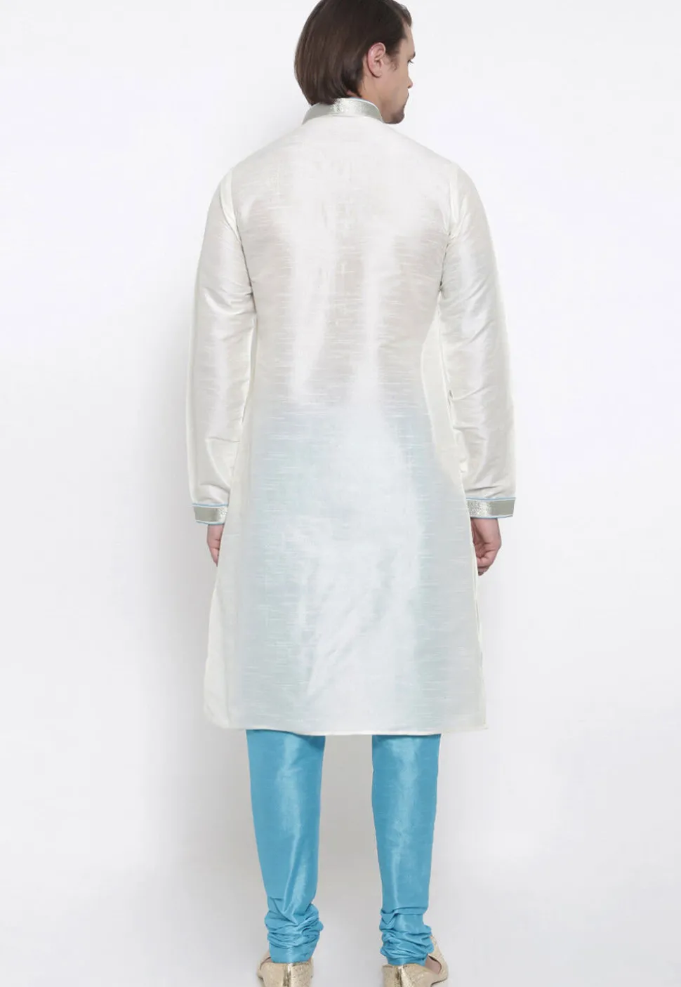 Embroidered Dupion Silk Kurta Set in White
