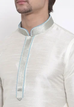 Embroidered Dupion Silk Kurta Set in White