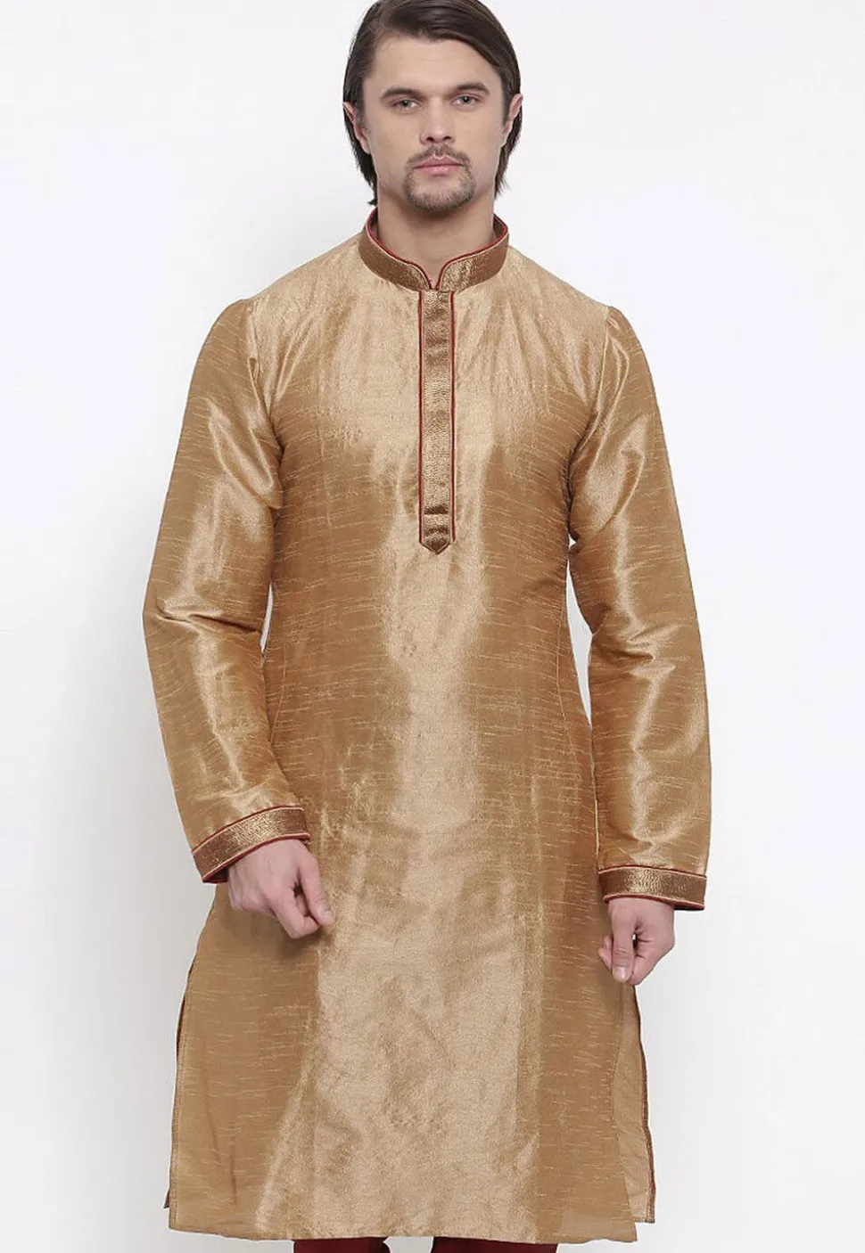 Embroidered Dupion Silk Kurta in Beige