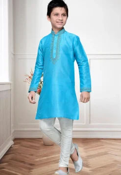 Embroidered Dupion Silk Kurta Set in Light Blue