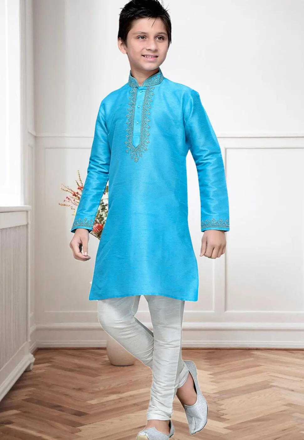 Embroidered Dupion Silk Kurta Set in Light Blue