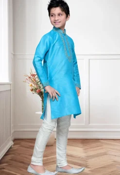 Embroidered Dupion Silk Kurta Set in Light Blue