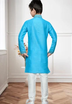Embroidered Dupion Silk Kurta Set in Light Blue
