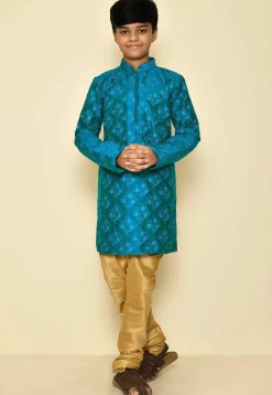 Embroidered Dupion Silk Kurta Set in Teal Blue