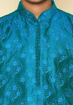 Embroidered Dupion Silk Kurta Set in Teal Blue