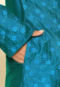 Embroidered Dupion Silk Kurta Set in Teal Blue
