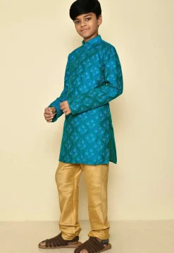 Embroidered Dupion Silk Kurta Set in Teal Blue