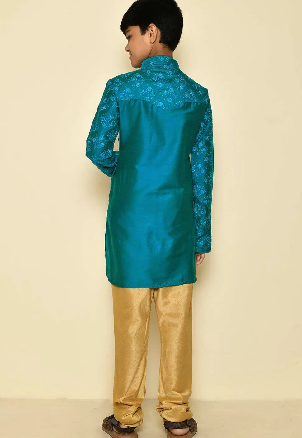 Embroidered Dupion Silk Kurta Set in Teal Blue