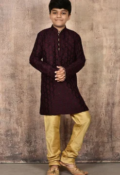 Embroidered Dupion Silk Kurta Set in Wine