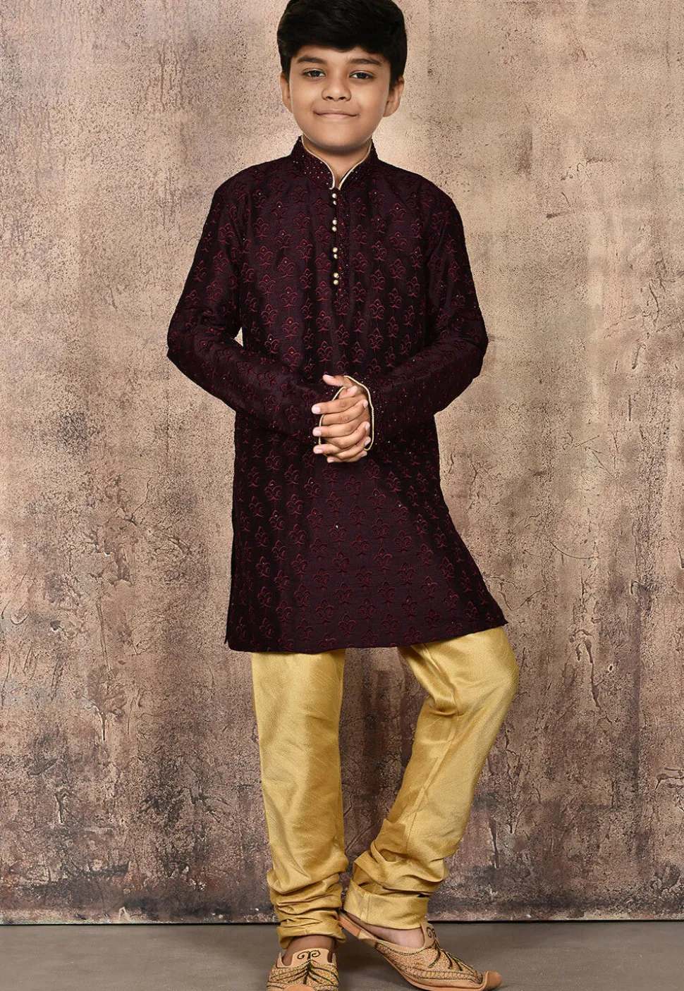 Embroidered Dupion Silk Kurta Set in Wine