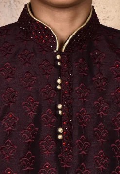 Embroidered Dupion Silk Kurta Set in Wine