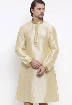 Embroidered Dupion Silk Kurta in Light Beige