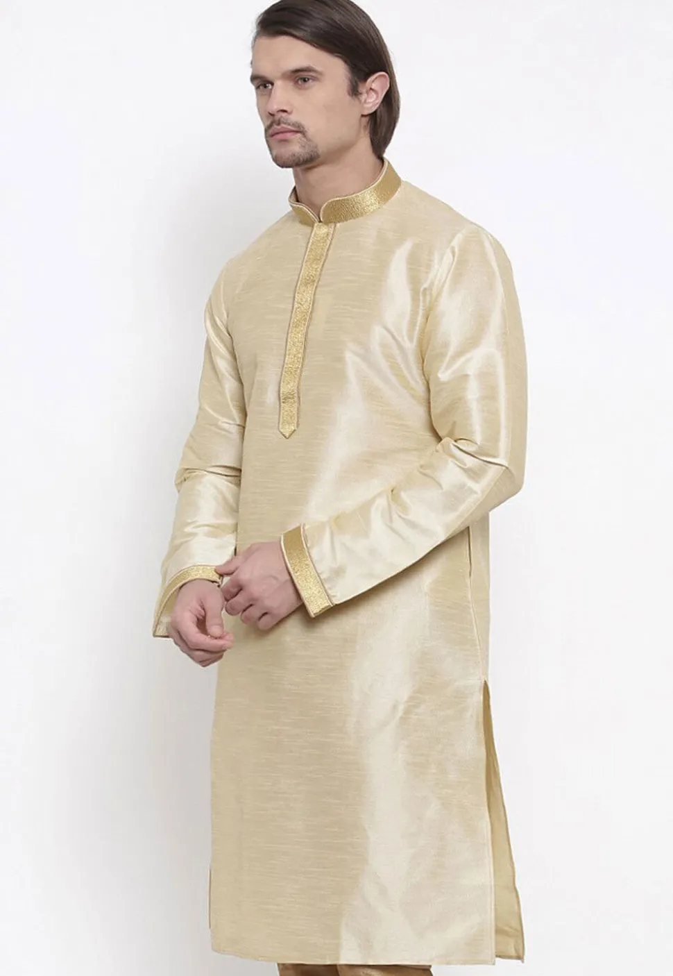 Embroidered Dupion Silk Kurta in Light Beige