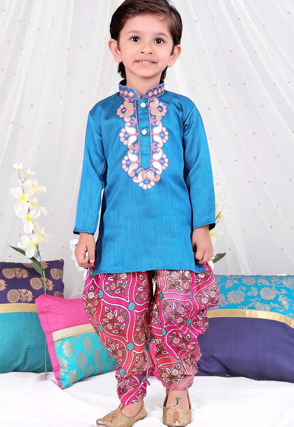 Embroidered Dupion Silk Kurta Set in Blue