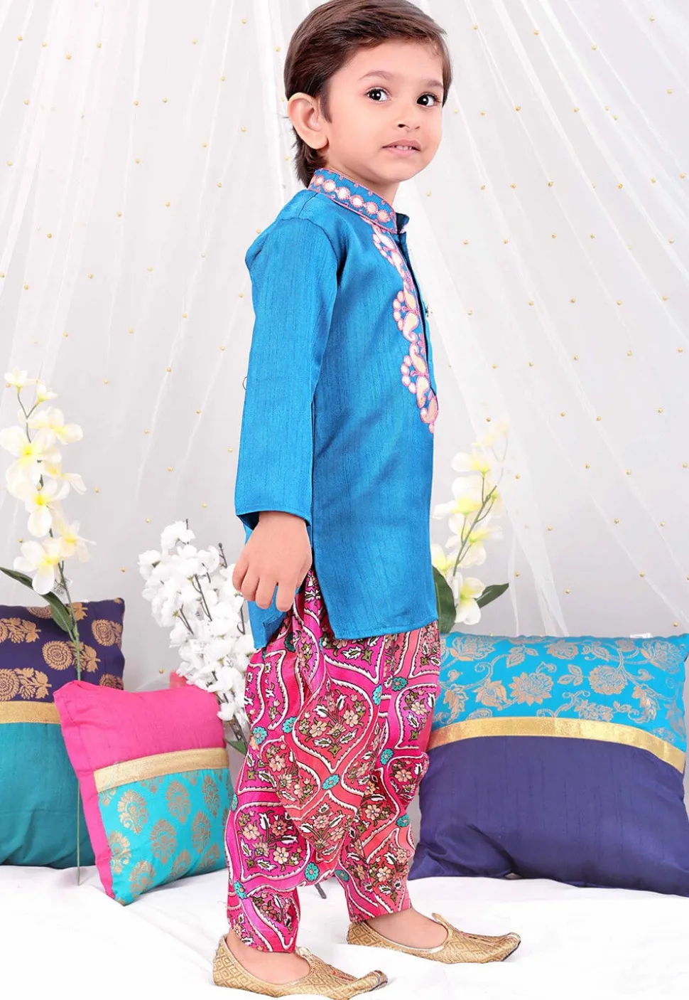 Embroidered Dupion Silk Kurta Set in Blue