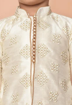 Embroidered Dupion Silk Kurta Set in Cream