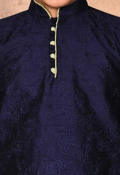 Embroidered Dupion Silk Kurta in Navy Blue