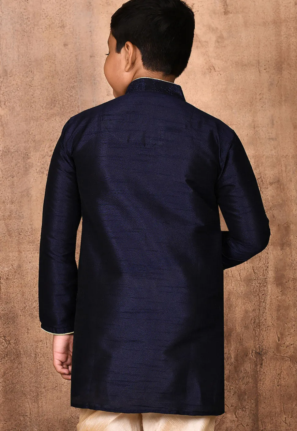 Embroidered Dupion Silk Kurta in Navy Blue